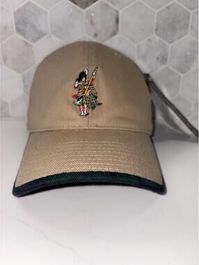 Dewar's Scottish Whiskey Hat Bagpipes Tartan Fitted Flexfit S/M Cap Tan NWT